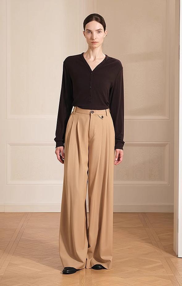 Merino Wool Blend Double Pleated Wide-leg Pants