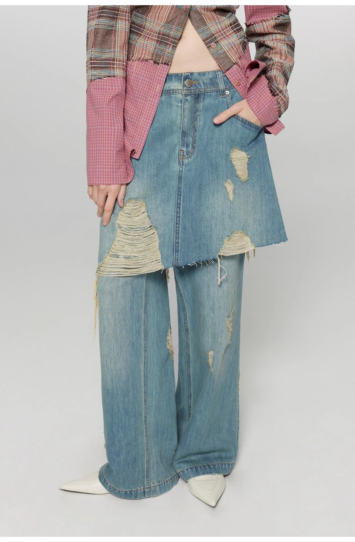 Wide Leg Faux Two-piece Skirt/Jeans