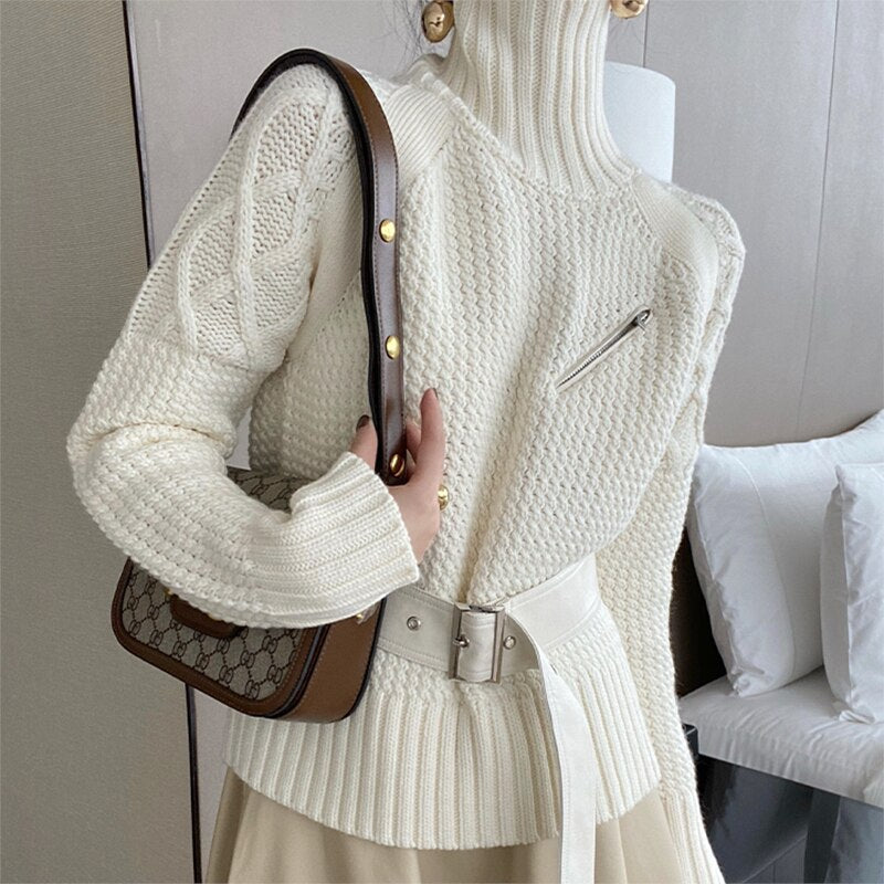 Women's Belted Knit Turtleneck Sweater