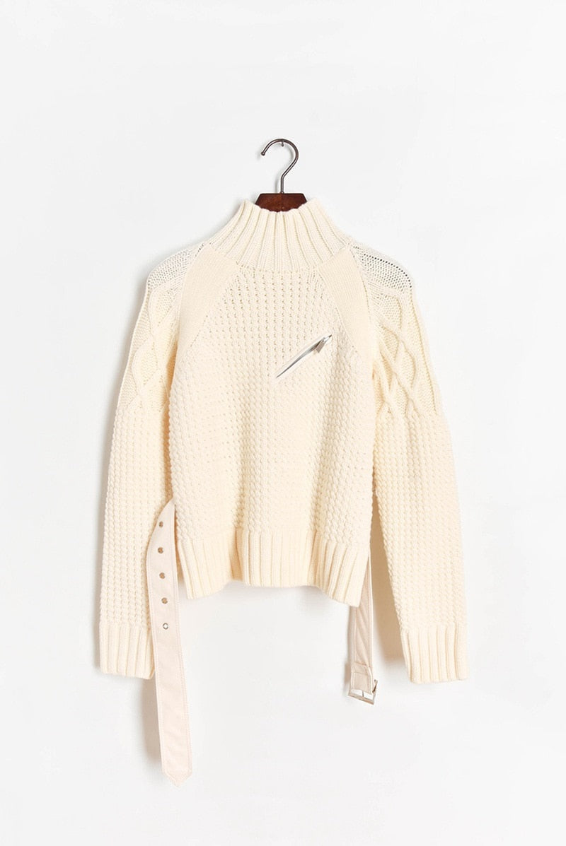 Women's Belted Knit Turtleneck Sweater